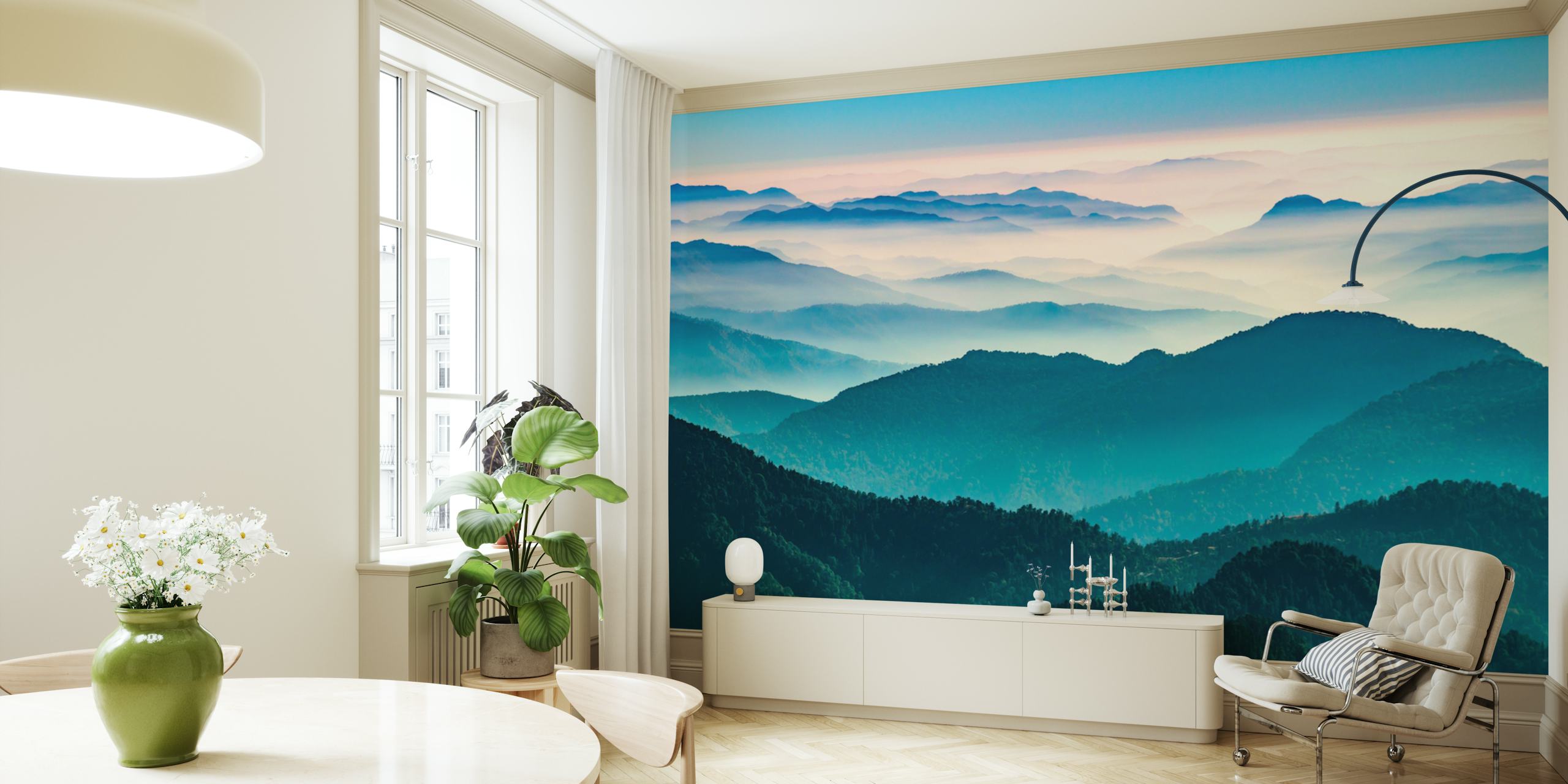 Sunrise Mountain Silhouettes wallpaper in a room